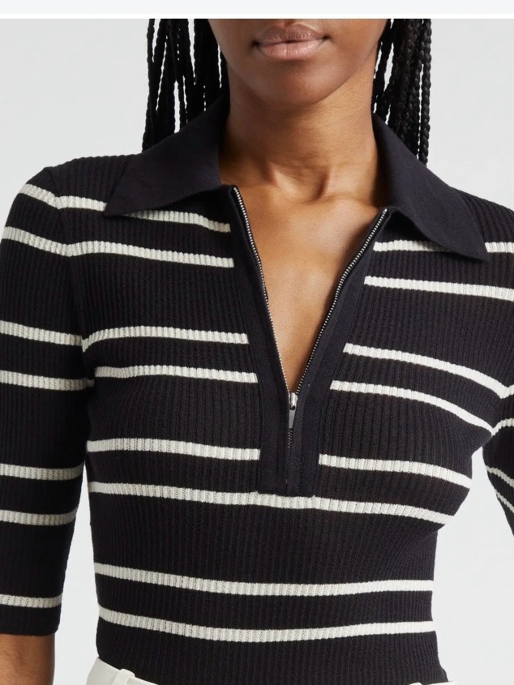 A.L.C. Black and White Striped Ribbed Half-Zip Polo Top